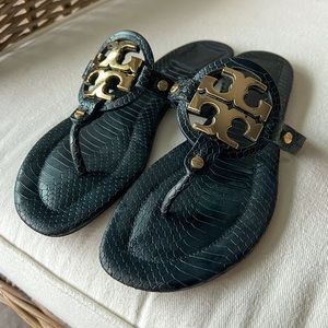 Tory Burch Snakeskin Embossed Black and Gold Miller Sandal Sz 9
